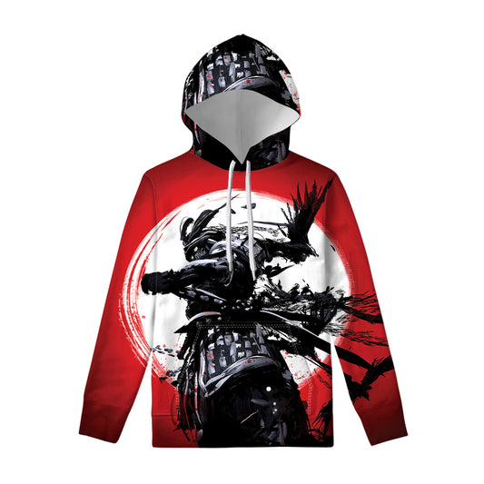 Samurai And Crow Print Pullover Hoodie