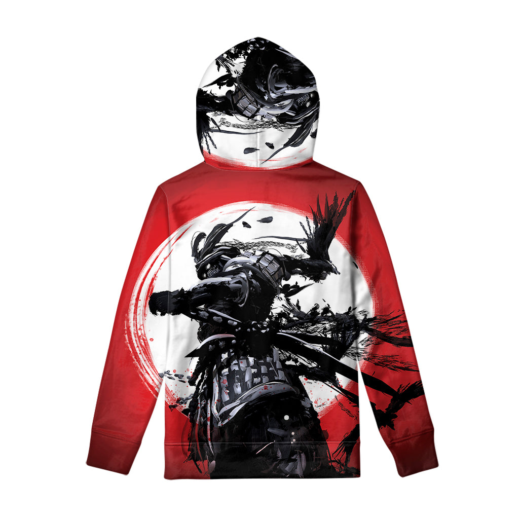 Samurai And Crow Print Pullover Hoodie