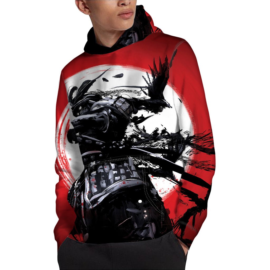 Samurai And Crow Print Pullover Hoodie