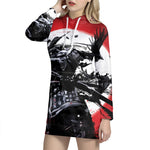 Samurai And Crow Print Pullover Hoodie Dress