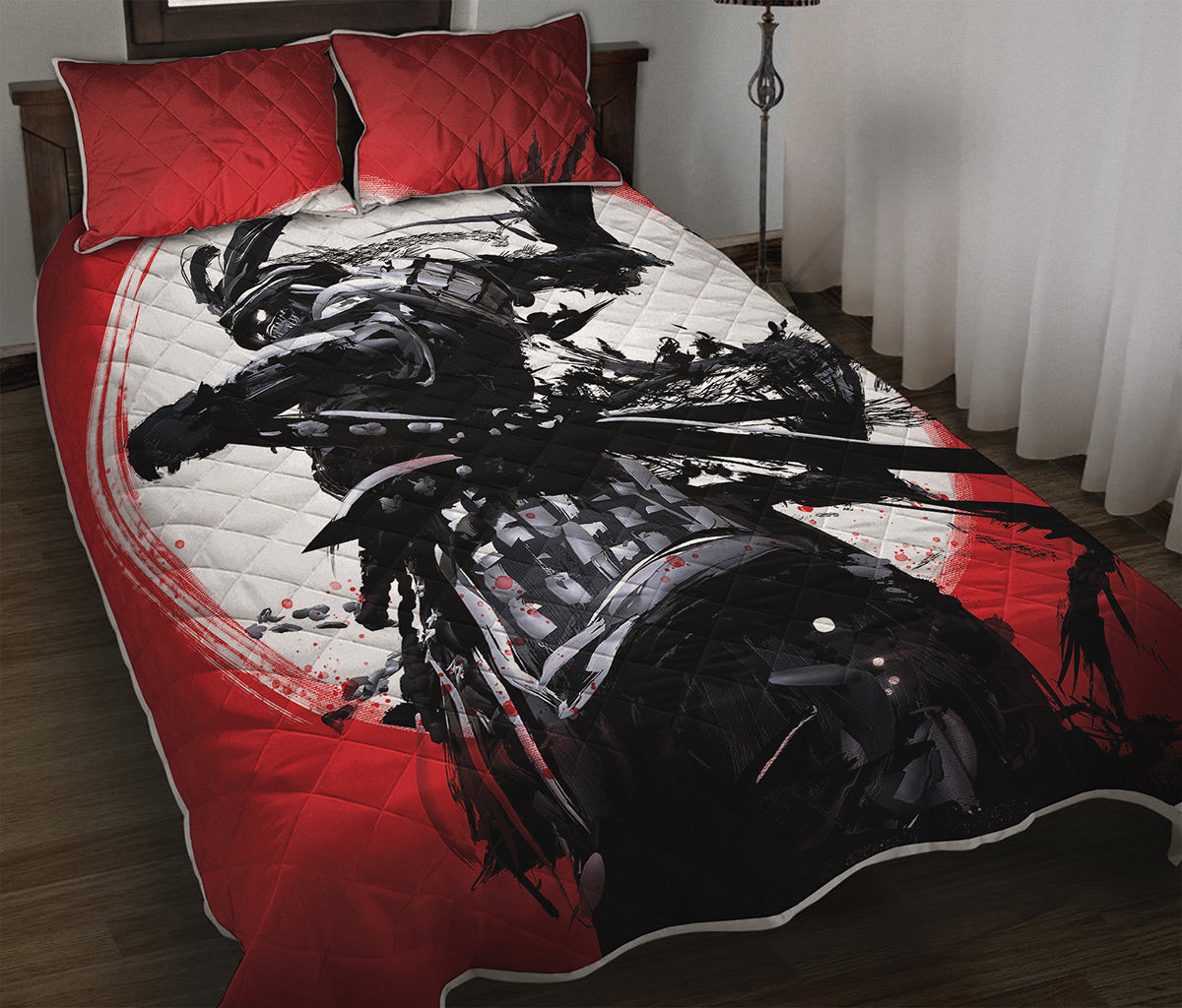 Samurai And Crow Print Quilt Bed Set