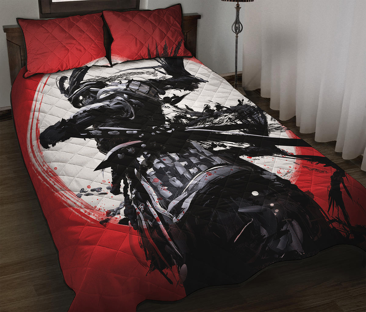 Samurai And Crow Print Quilt Bed Set