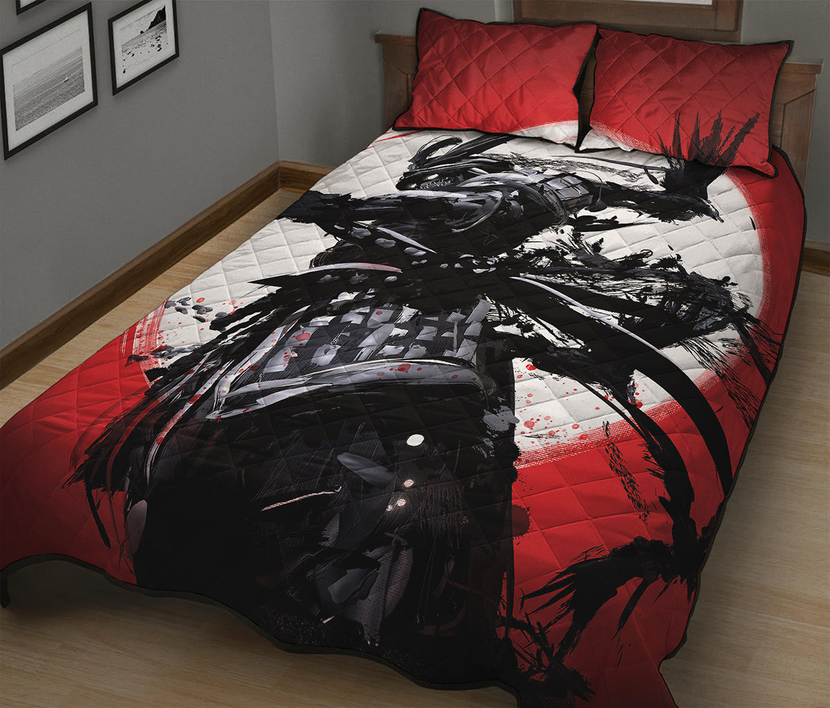 Samurai And Crow Print Quilt Bed Set