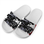 Samurai And Crow Print White Slide Sandals