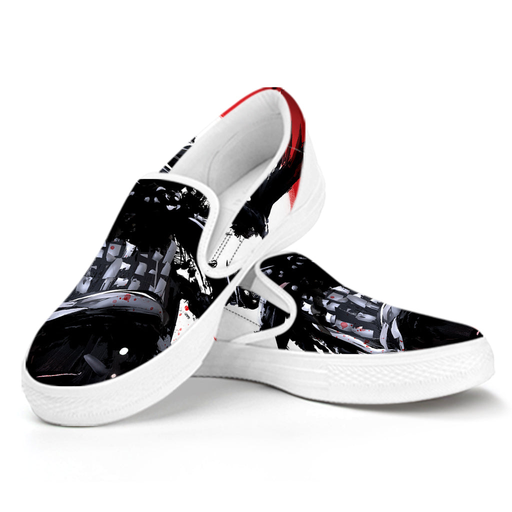 Samurai And Crow Print White Slip On Shoes