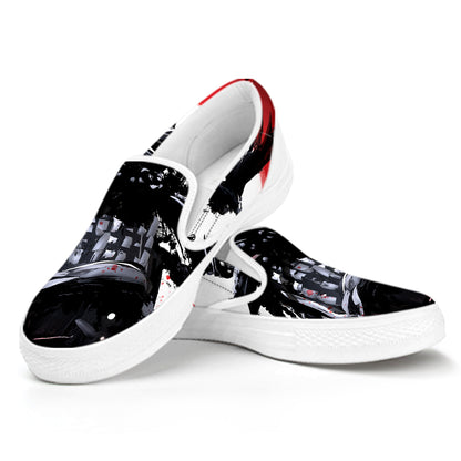 Samurai And Crow Print White Slip On Shoes