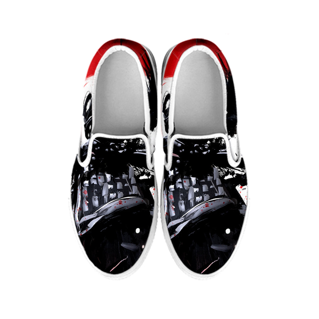 Samurai And Crow Print White Slip On Shoes