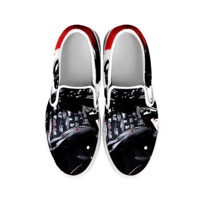 Samurai And Crow Print White Slip On Shoes