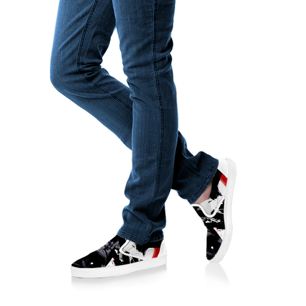 Samurai And Crow Print White Slip On Shoes