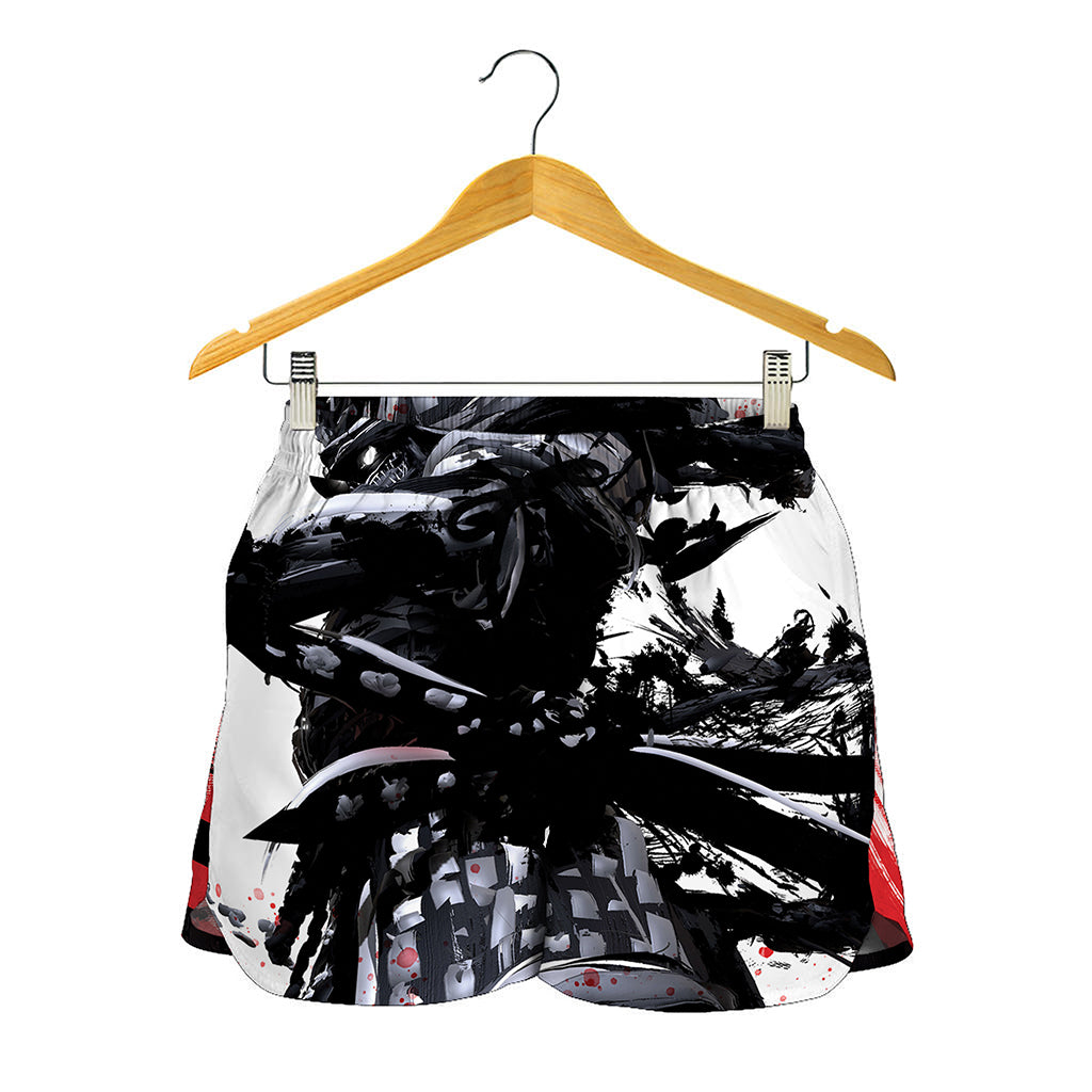 Samurai And Crow Print Women's Shorts