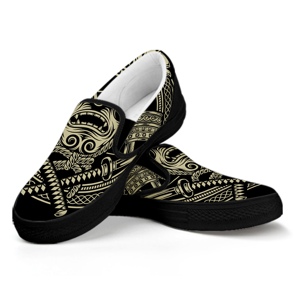 Samurai Warrior Mask Print Black Slip On Shoes