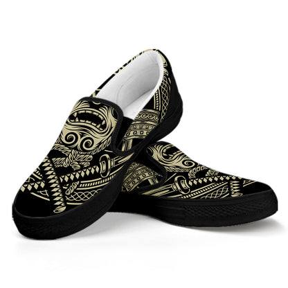 Samurai Warrior Mask Print Black Slip On Shoes