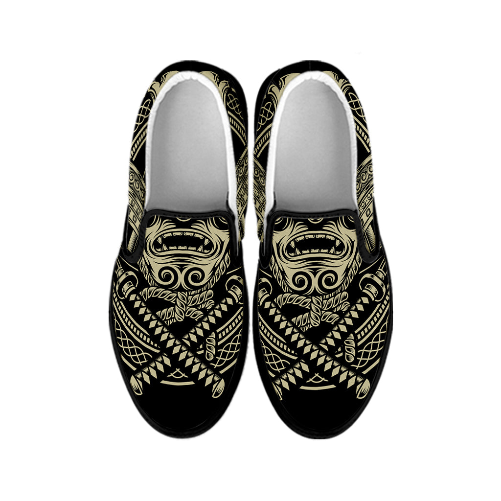Samurai Warrior Mask Print Black Slip On Shoes