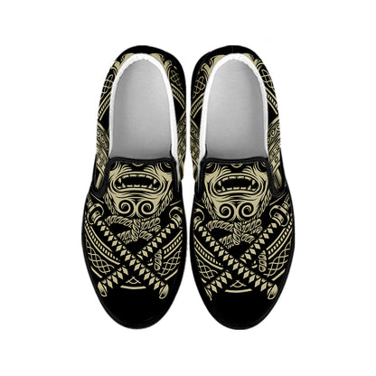 Samurai Warrior Mask Print Black Slip On Shoes