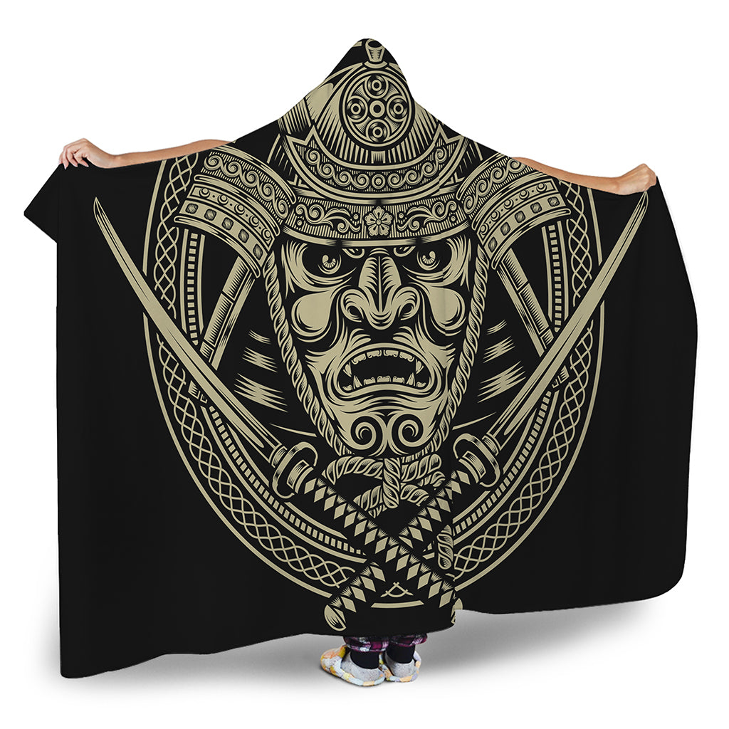 Samurai Warrior Mask Print Hooded Blanket