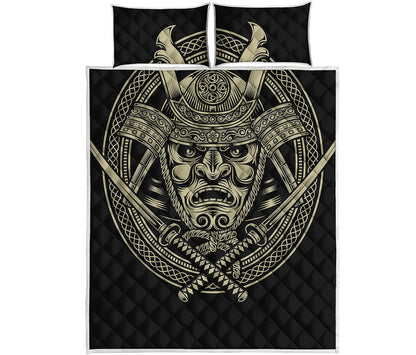 Samurai Warrior Mask Print Quilt Bed Set