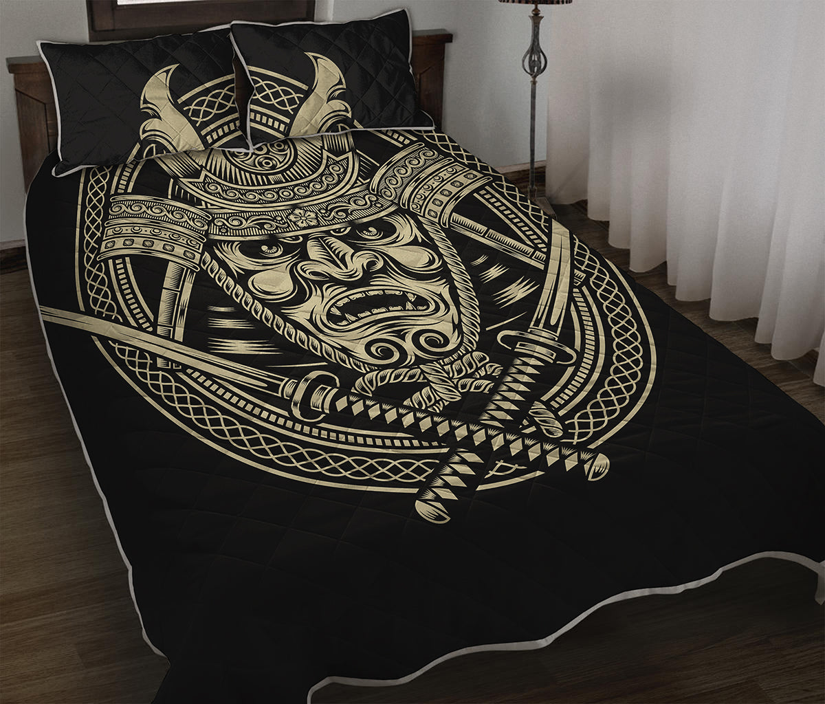 Samurai Warrior Mask Print Quilt Bed Set