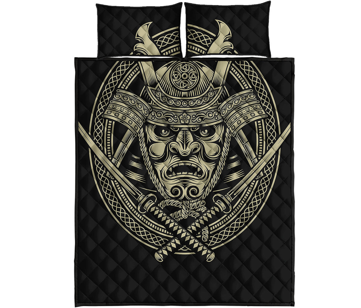 Samurai Warrior Mask Print Quilt Bed Set