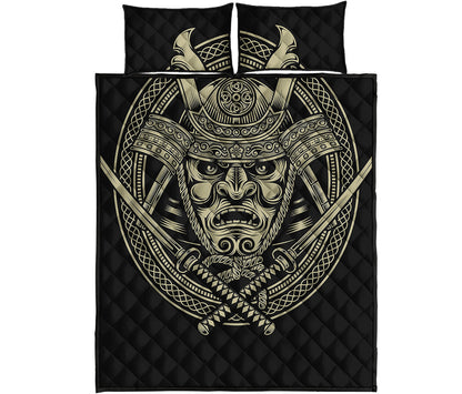 Samurai Warrior Mask Print Quilt Bed Set