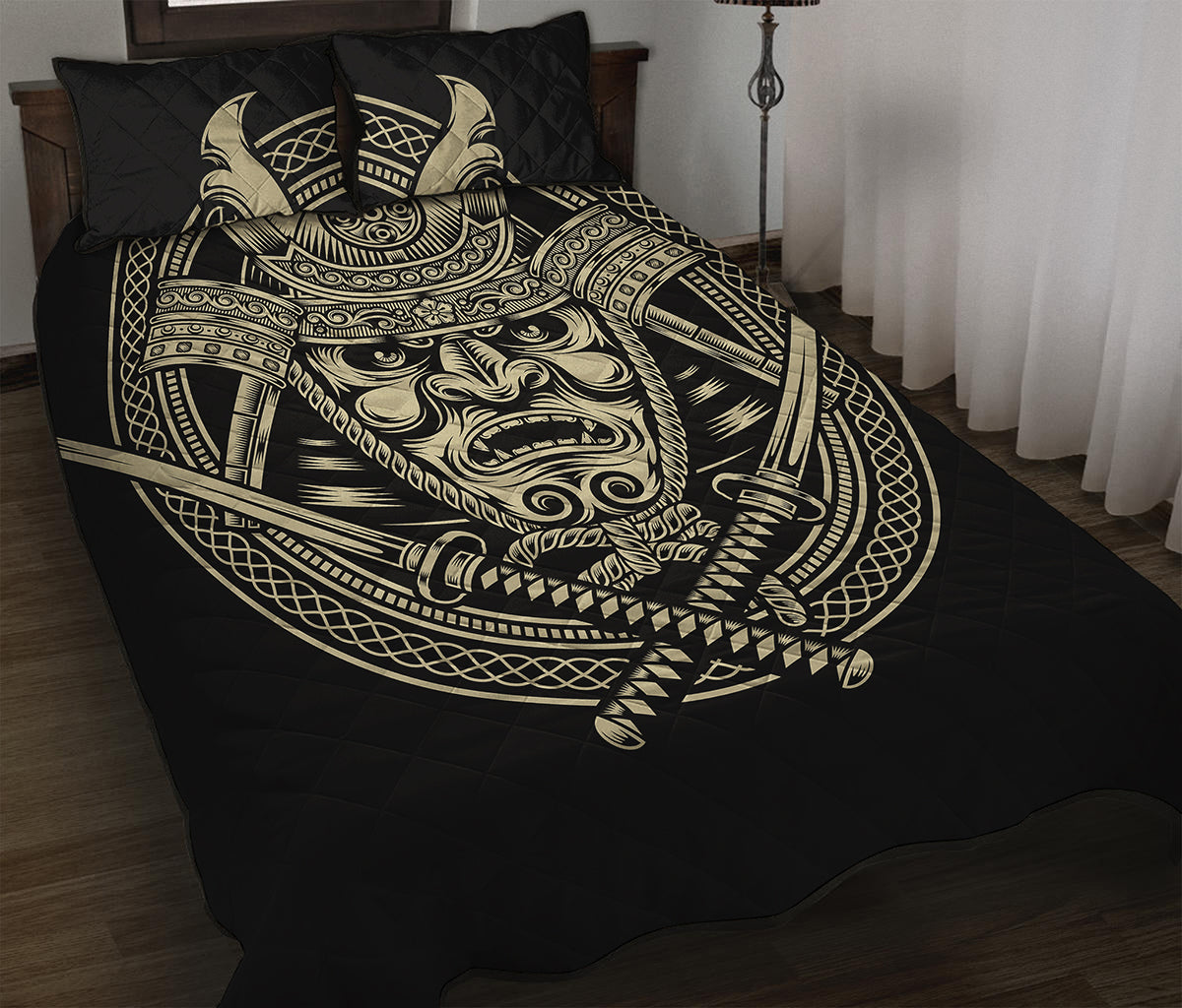 Samurai Warrior Mask Print Quilt Bed Set