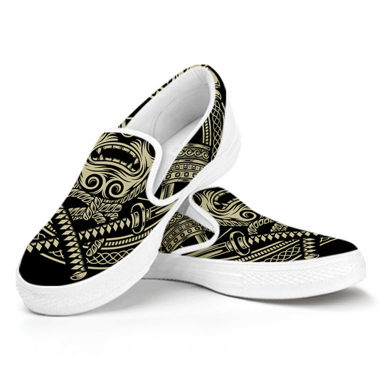 Samurai Warrior Mask Print White Slip On Shoes