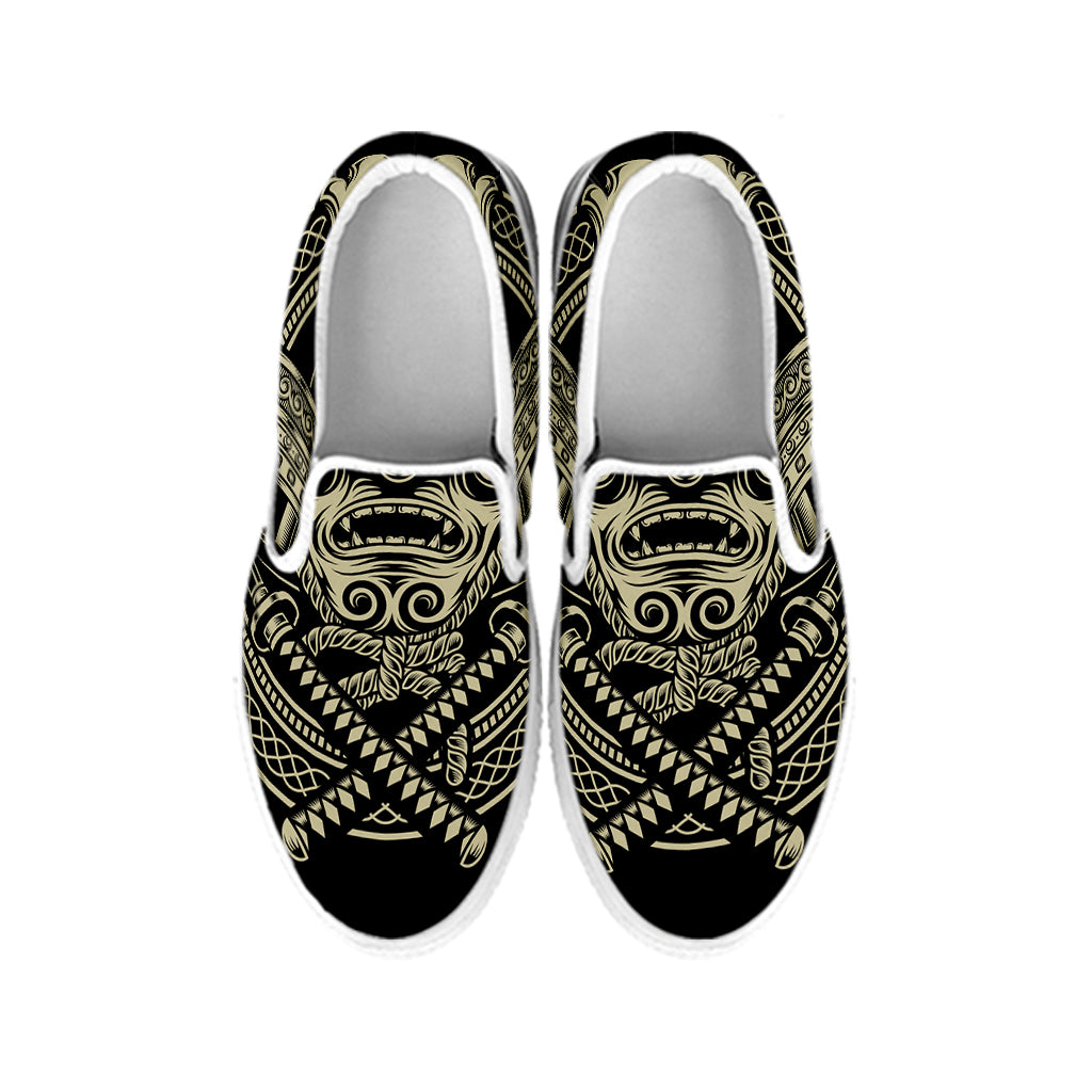 Samurai Warrior Mask Print White Slip On Shoes