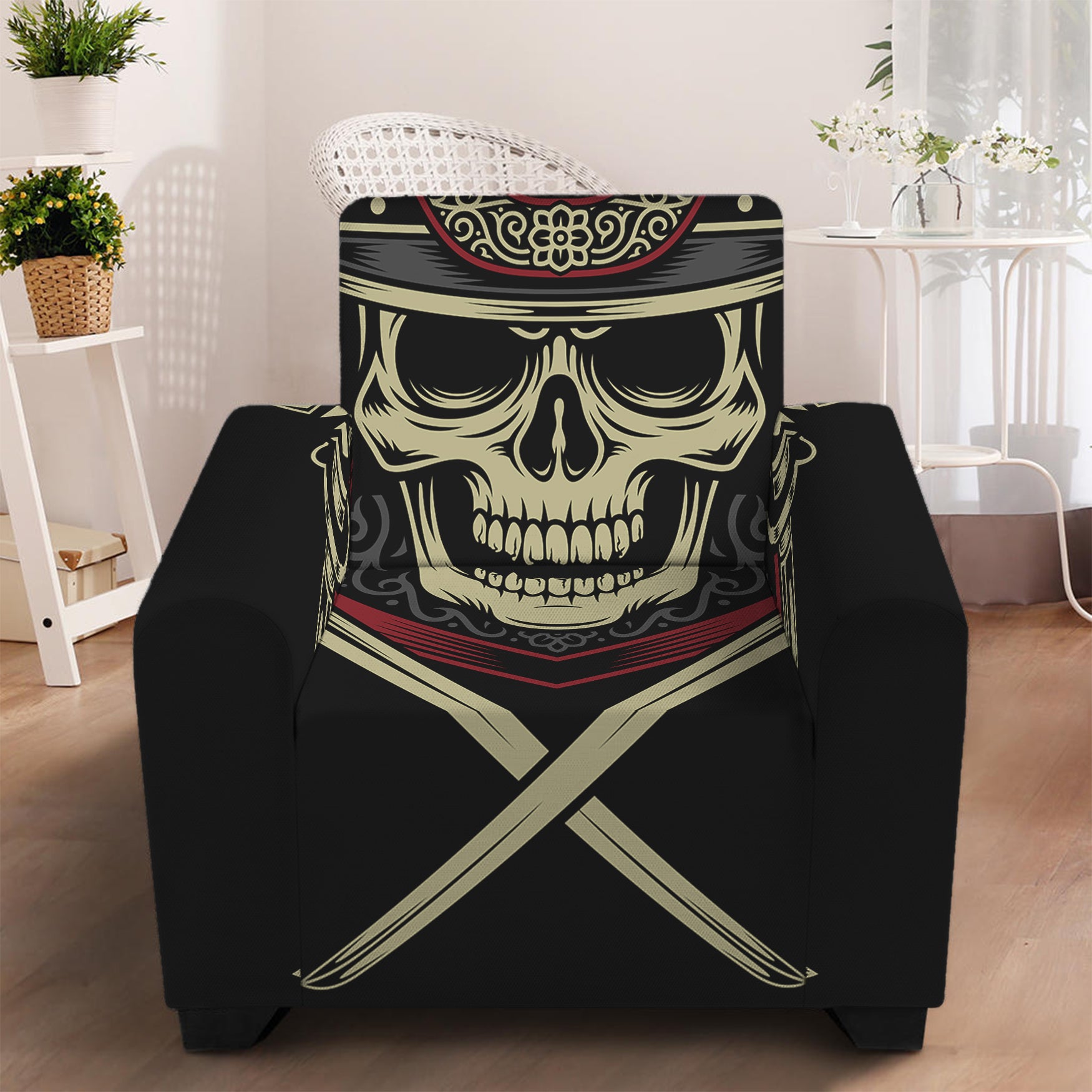 Samurai Warrior Skull Print Armchair Slipcover