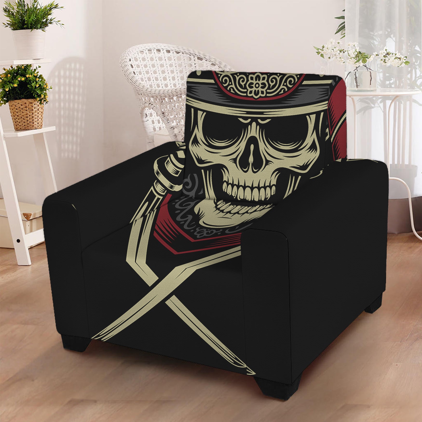 Samurai Warrior Skull Print Armchair Slipcover