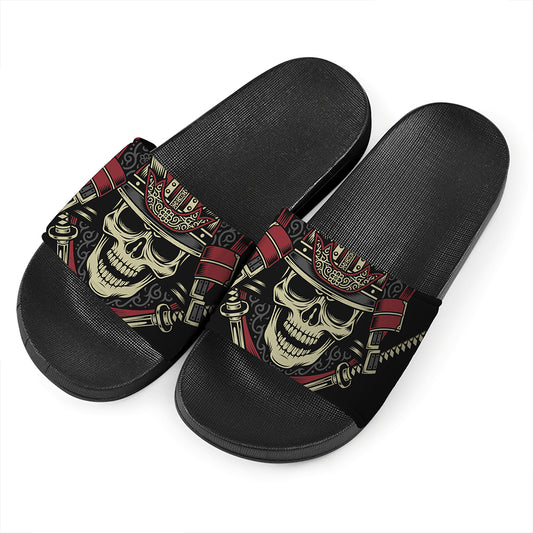 Samurai Warrior Skull Print Black Slide Sandals