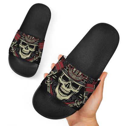 Samurai Warrior Skull Print Black Slide Sandals