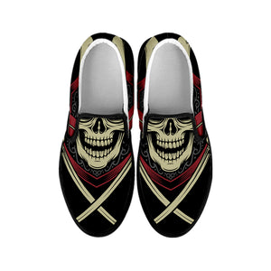 Samurai Warrior Skull Print Black Slip On Shoes