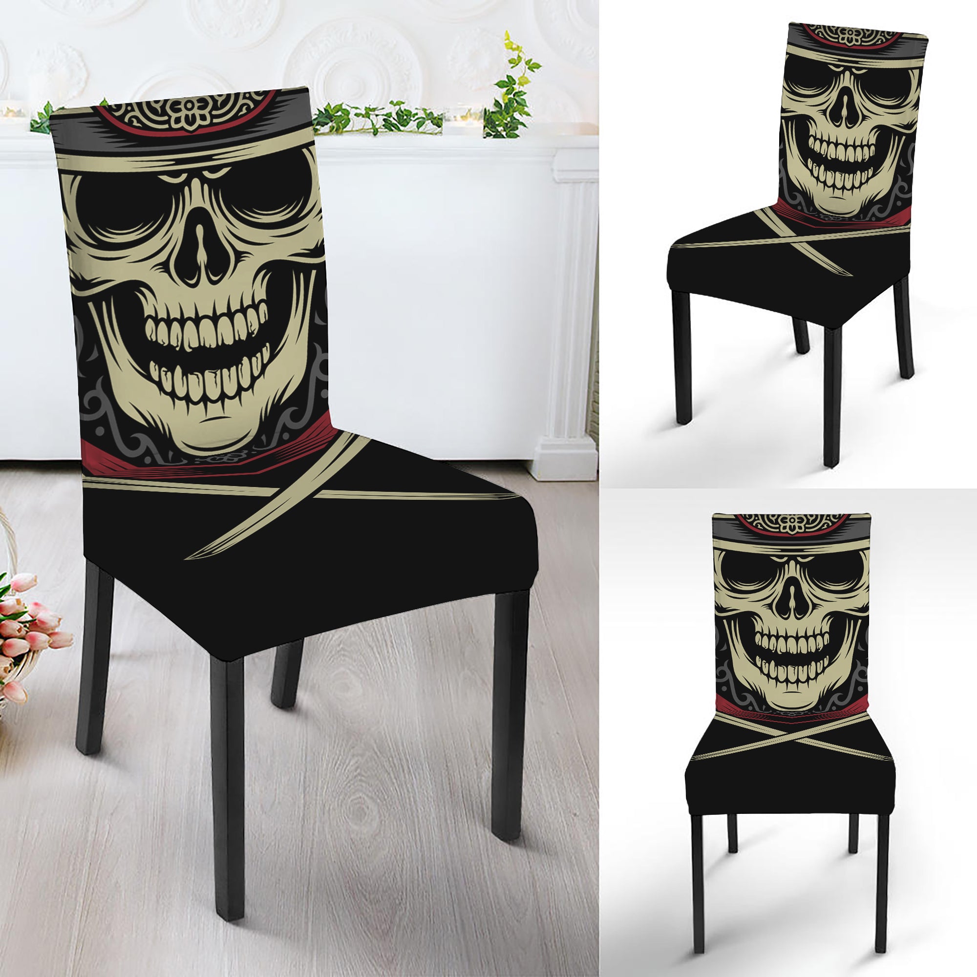 Samurai Warrior Skull Print Dining Chair Slipcover