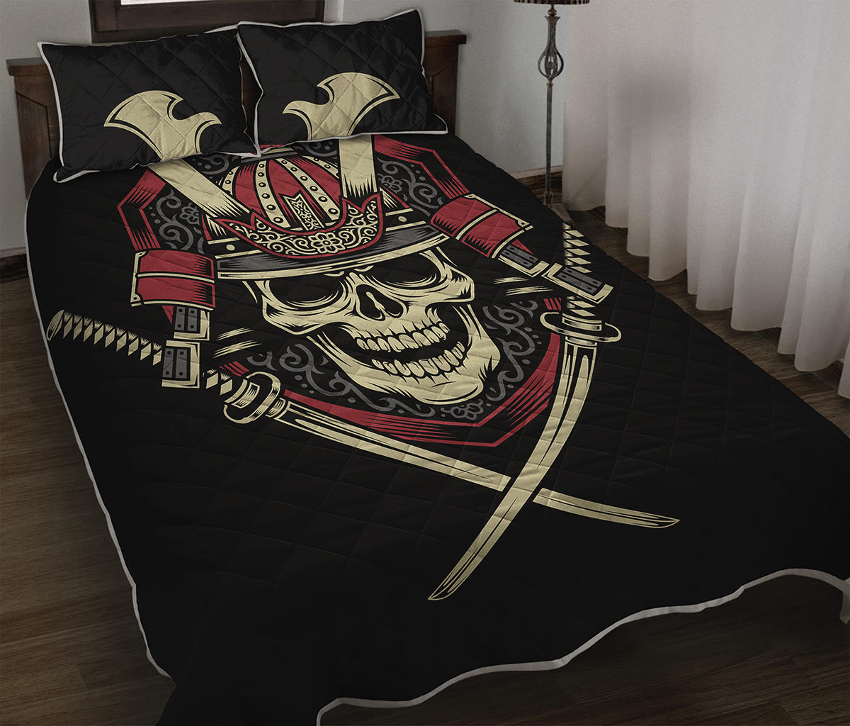 Samurai Warrior Skull Print Quilt Bed Set