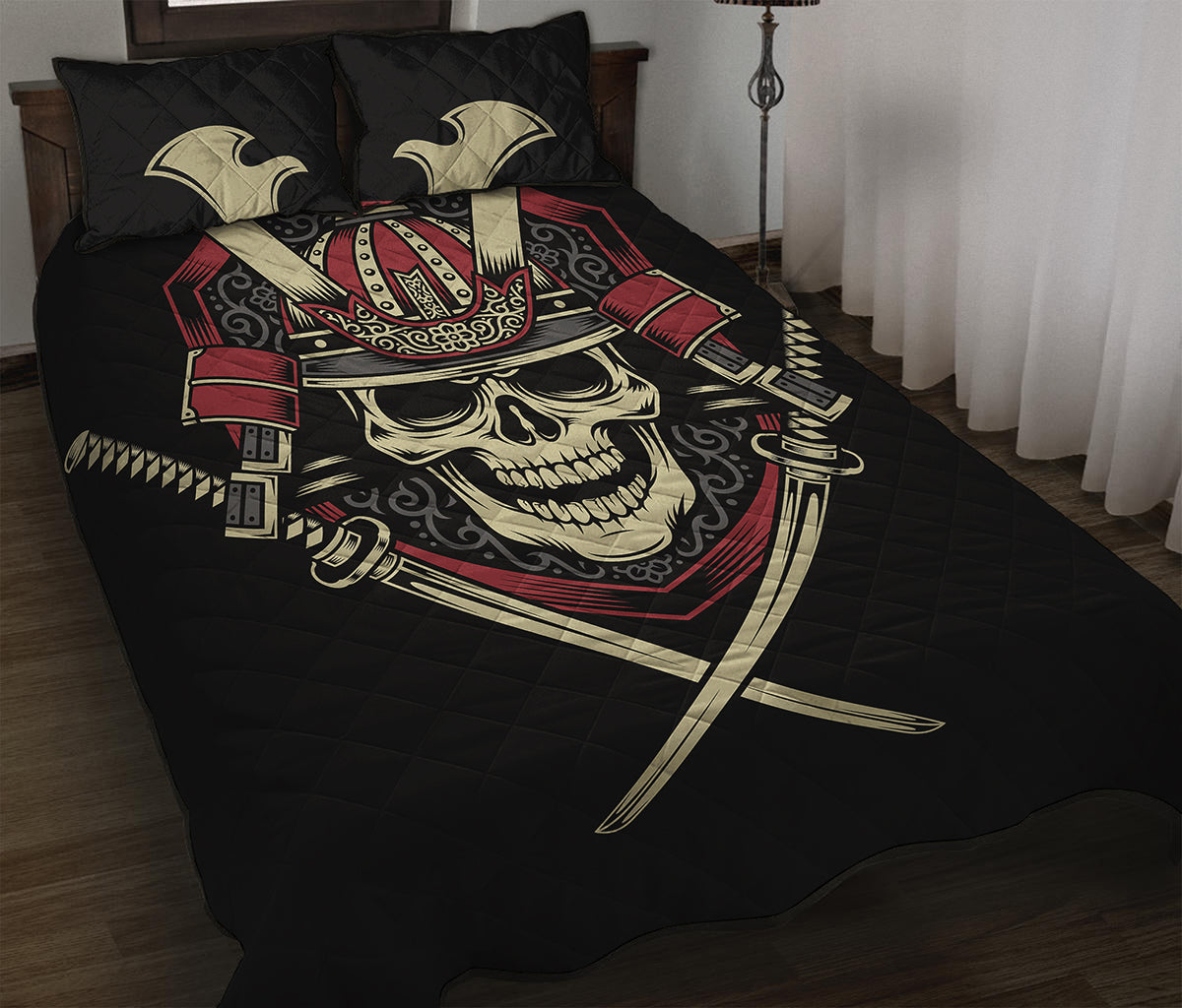 Samurai Warrior Skull Print Quilt Bed Set