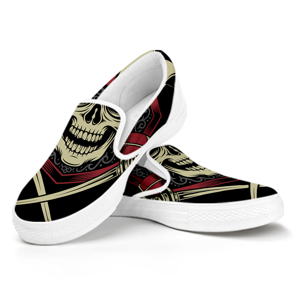 Samurai Warrior Skull Print White Slip On Shoes