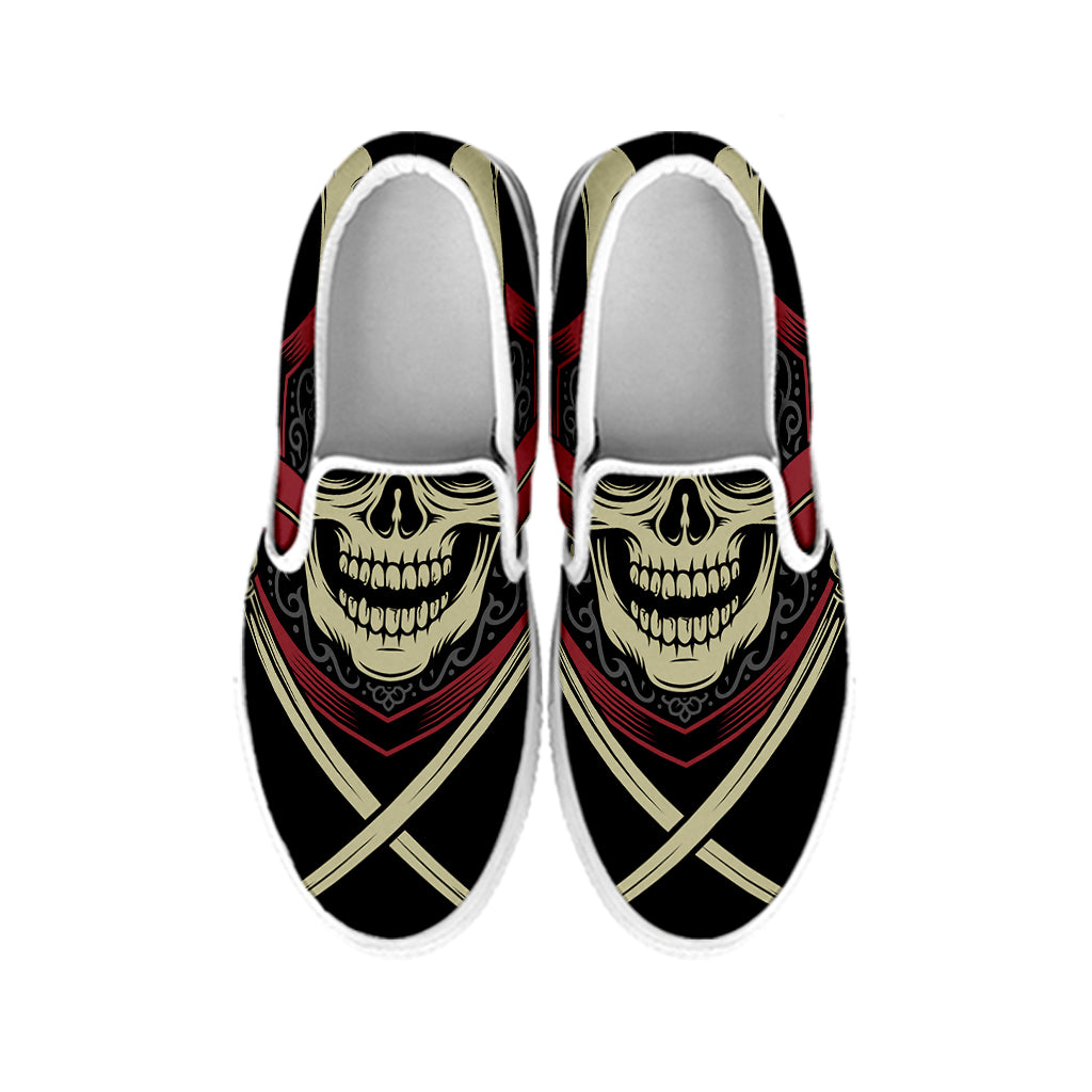 Samurai Warrior Skull Print White Slip On Shoes