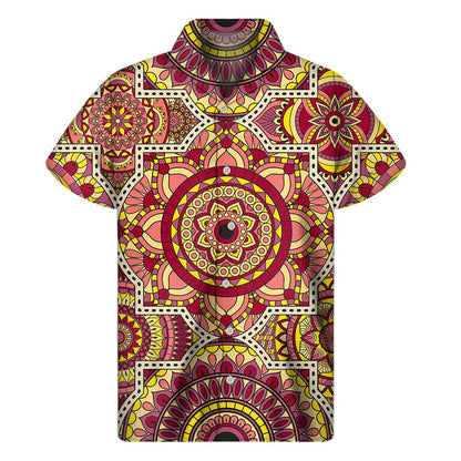 Sangria Mandala Bohemian Pattern Print Men's Short Sleeve Shirt