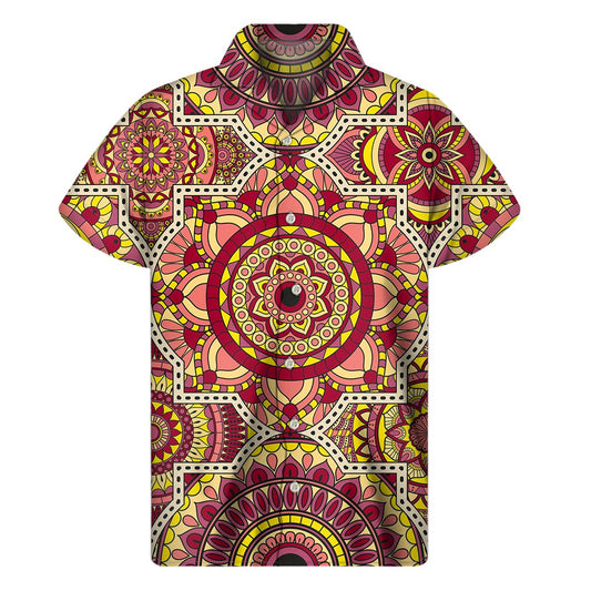 Sangria Mandala Bohemian Pattern Print Men's Short Sleeve Shirt