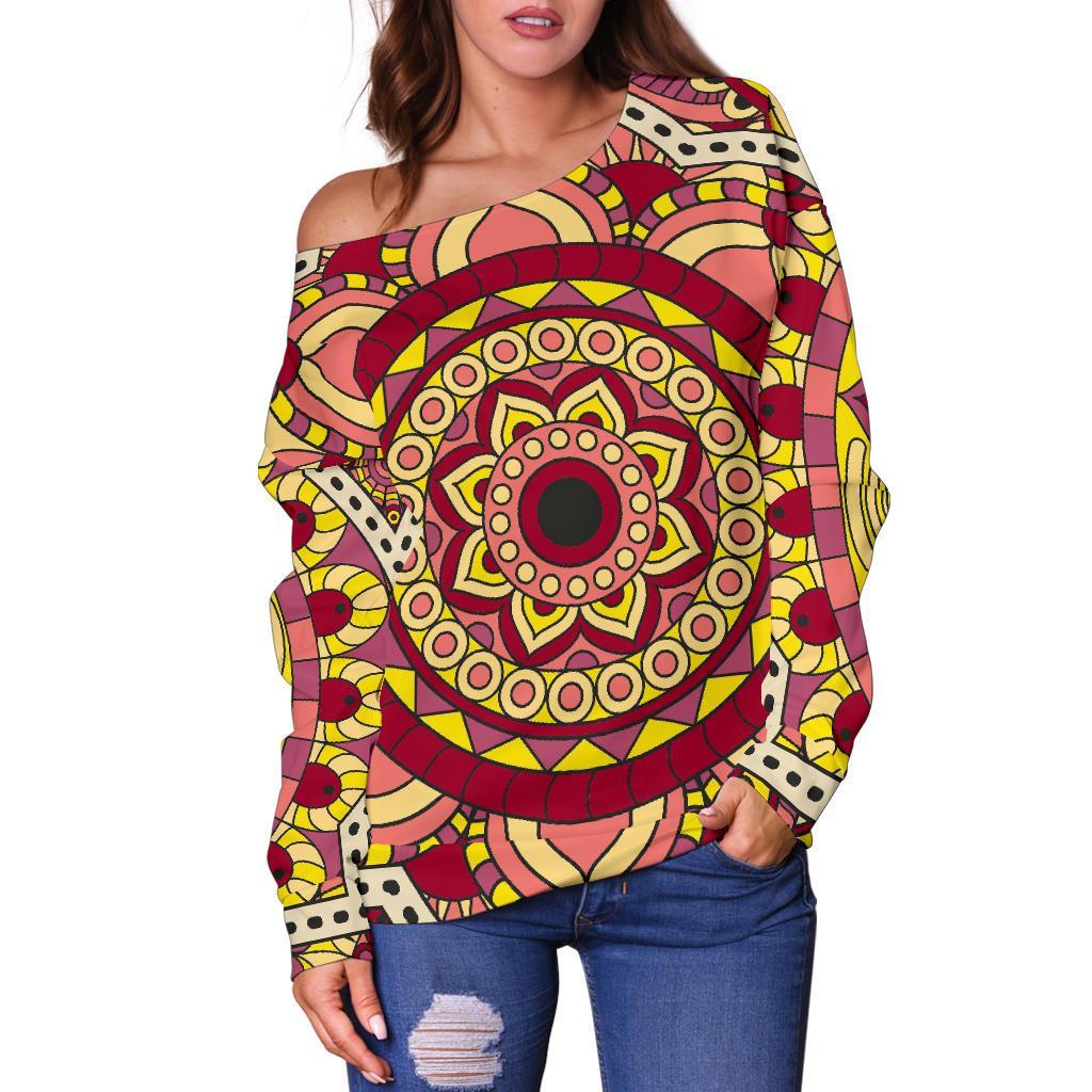 Sangria Mandala Bohemian Pattern Print Off Shoulder Sweatshirt GearFrost