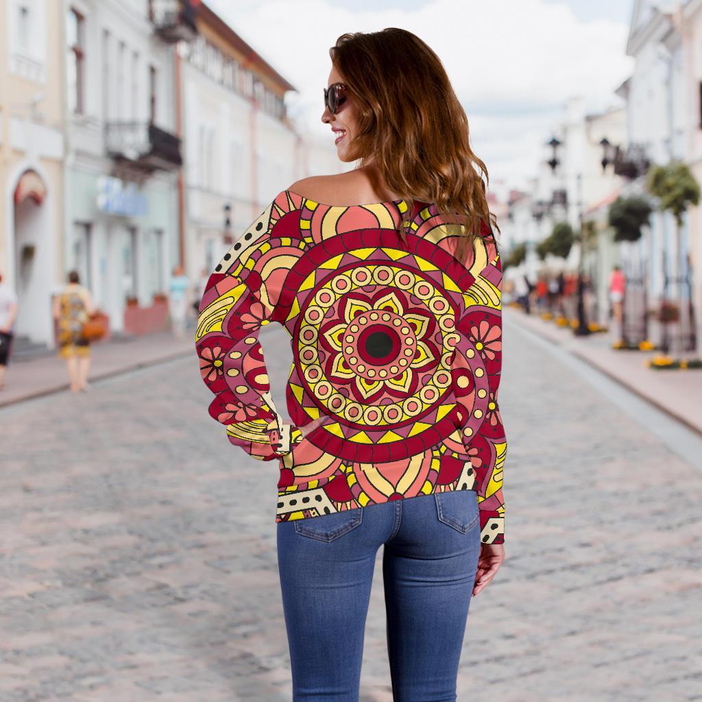 Sangria Mandala Bohemian Pattern Print Off Shoulder Sweatshirt GearFrost