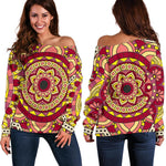 Sangria Mandala Bohemian Pattern Print Off Shoulder Sweatshirt GearFrost