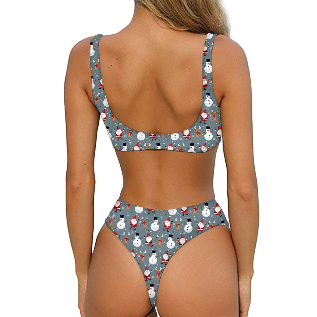 Santa Claus And Friends Pattern Print Front Bow Tie Bikini