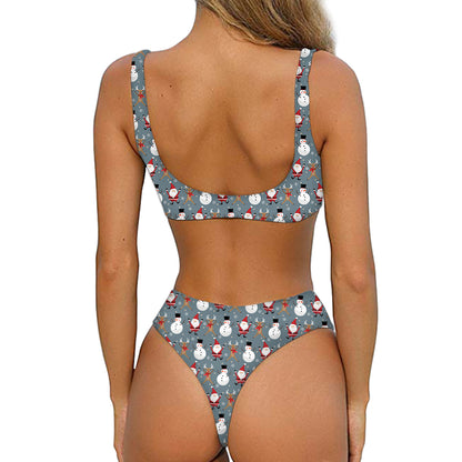 Santa Claus And Friends Pattern Print Front Bow Tie Bikini