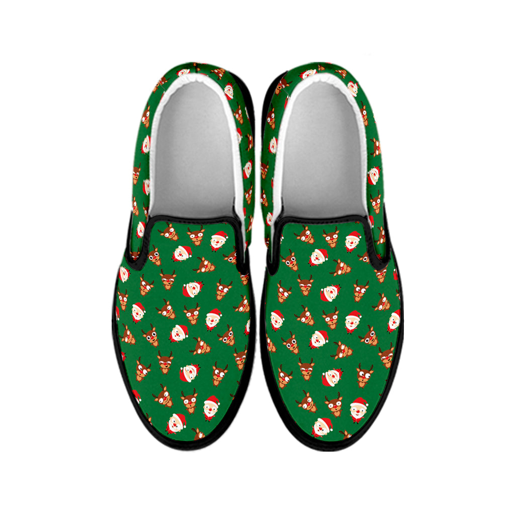 Santa Claus And Reindeer Emoji Print Black Slip On Shoes