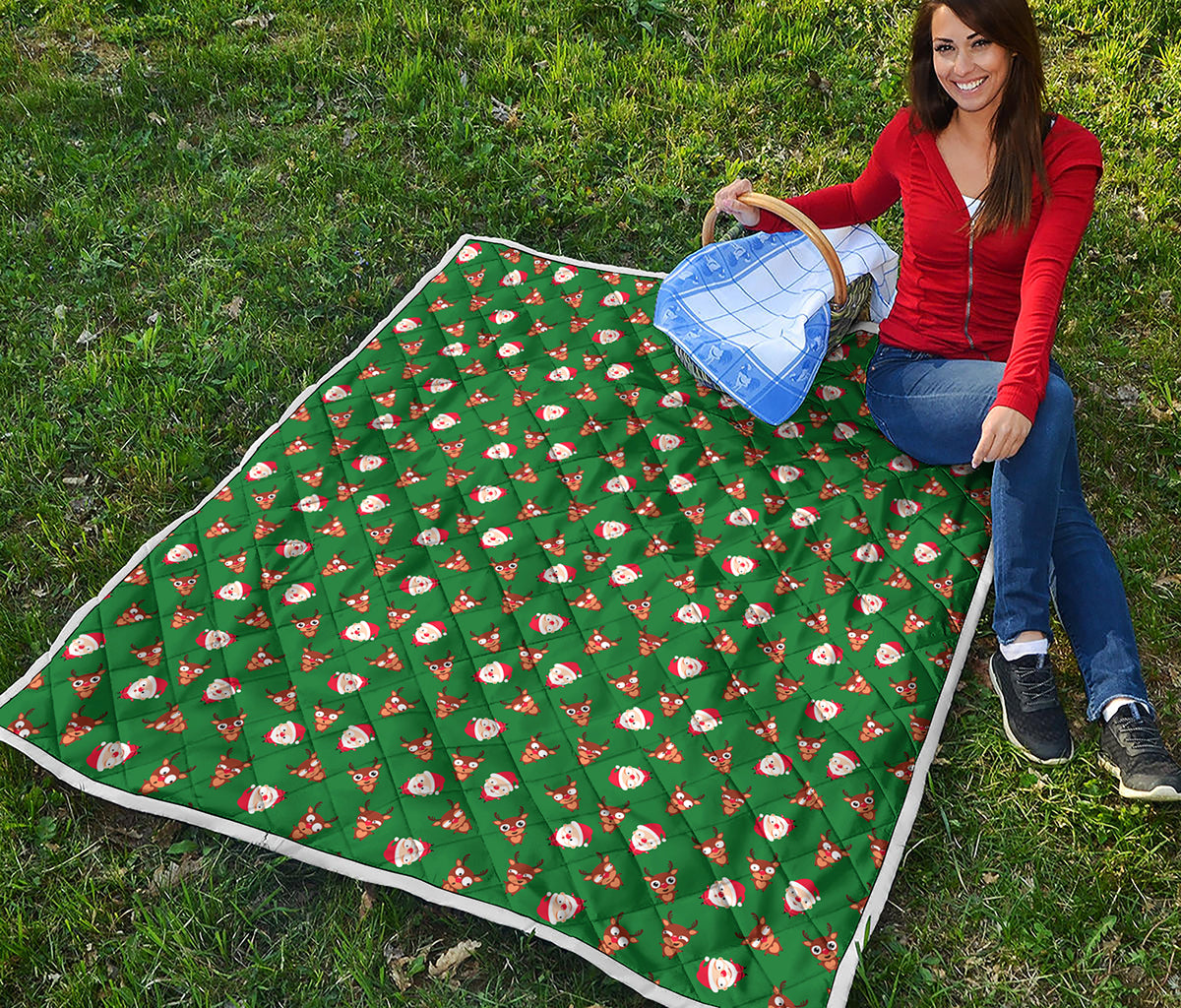 Santa Claus And Reindeer Emoji Print Quilt