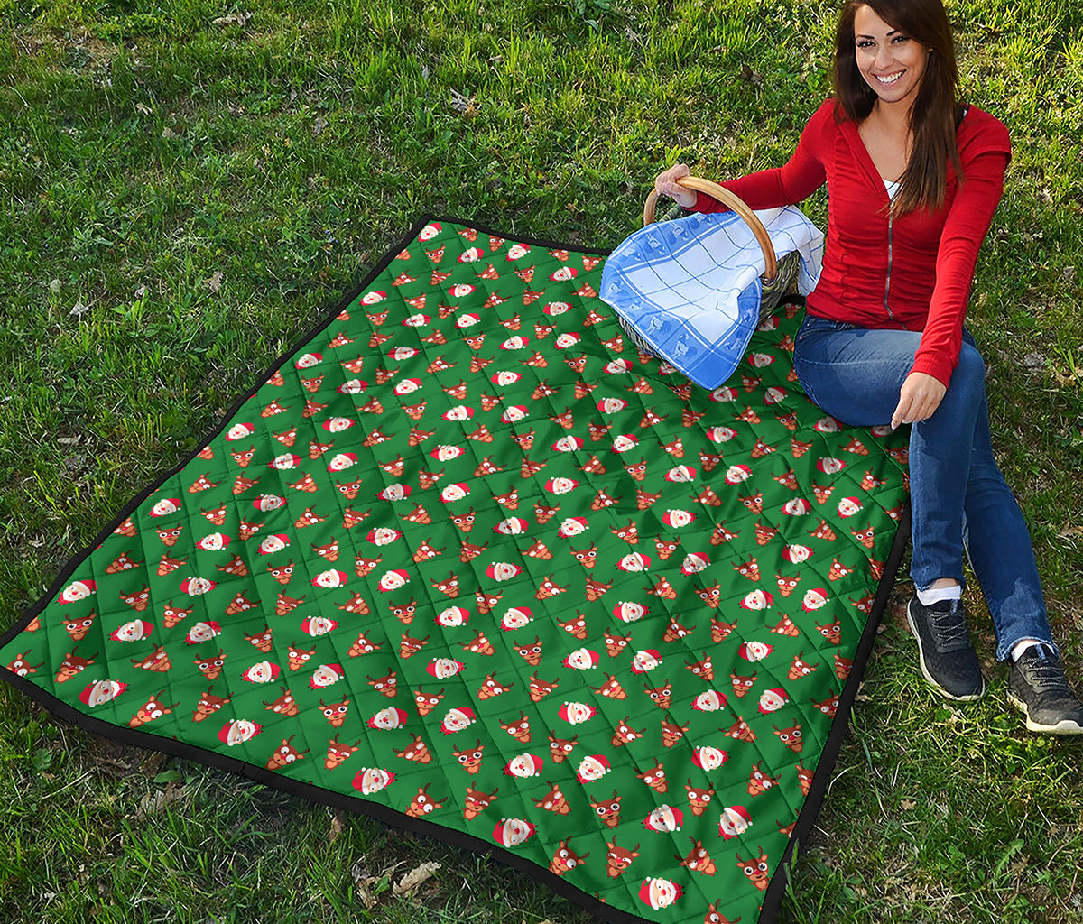 Santa Claus And Reindeer Emoji Print Quilt