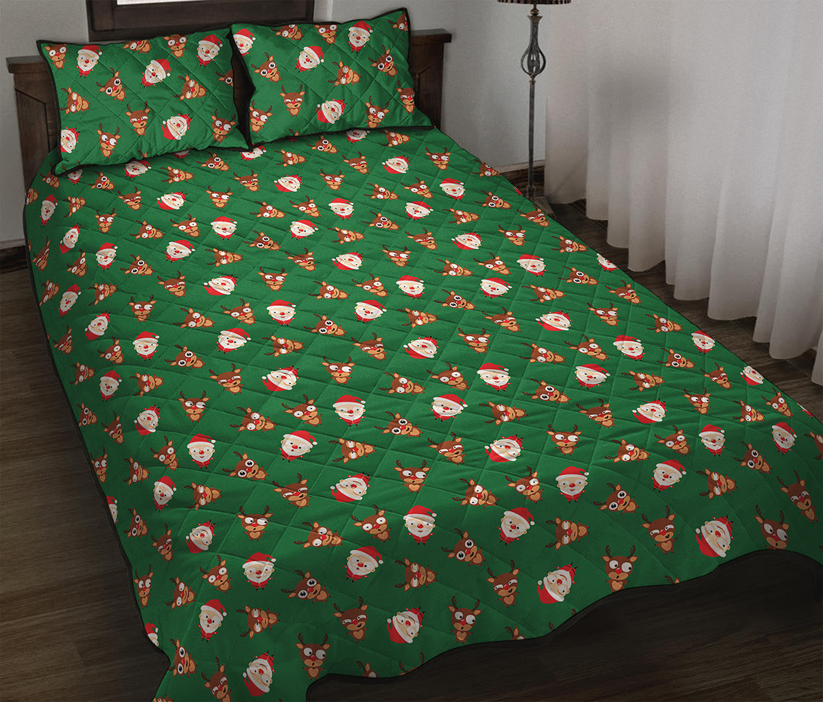 Santa Claus And Reindeer Emoji Print Quilt Bed Set