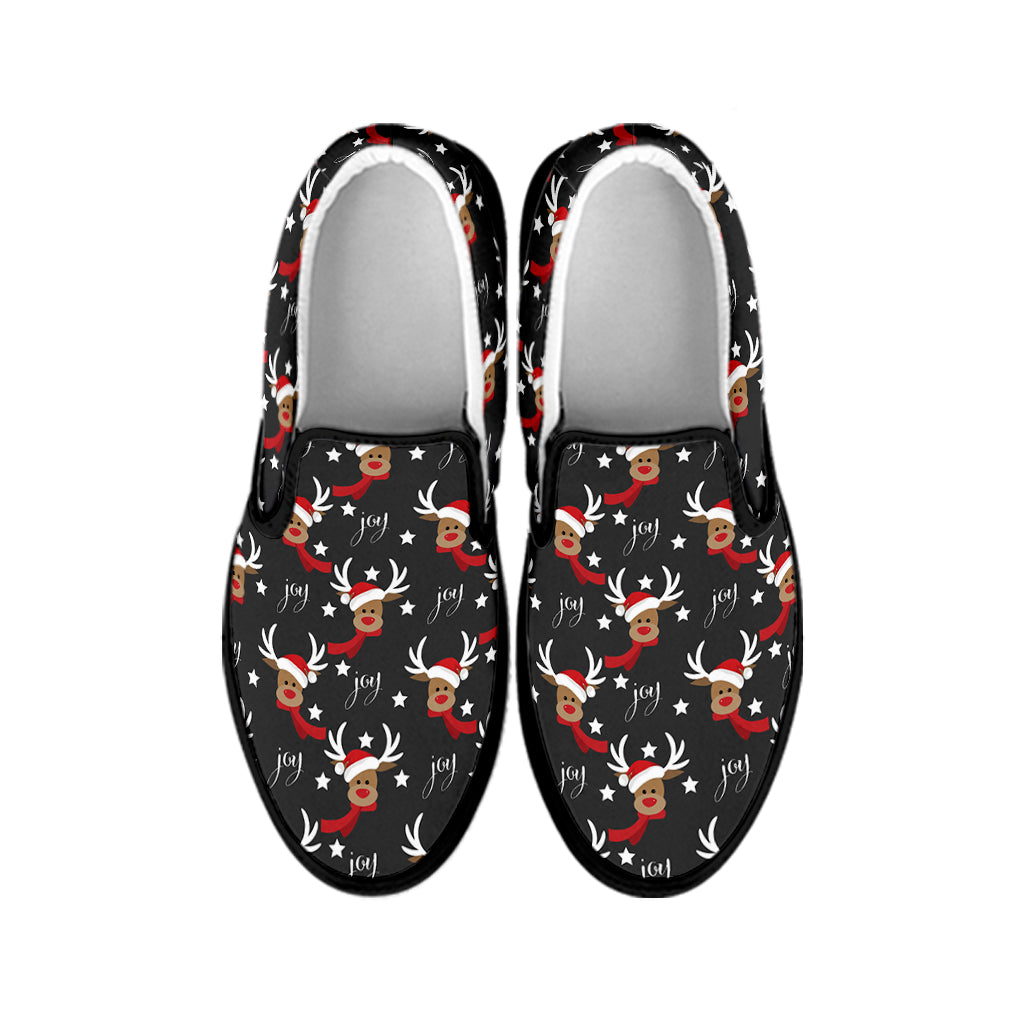 Santa Claus Deer Pattern Print Black Slip On Shoes