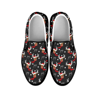 Santa Claus Deer Pattern Print Black Slip On Shoes