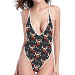 Santa Claus Deer Pattern Print One Piece High Cut Swimsuit